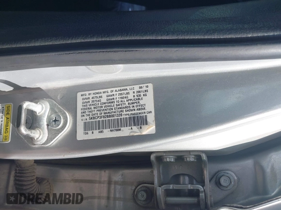 2011 Honda Accord EX-L with VIN 5KBCP3F82BB001339, listed as a IAAI auction lot 42602331 with Not provided miles and . Bid and sale history available at DreamBid. Image 9.