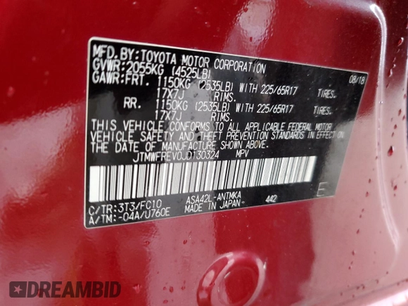 2018 Toyota RAV4 XLE with VIN JTMWFREV0JD130324, listed as a Copart auction lot 41790875 with 236,109 mi miles and Salvage title. Bid and sale history available at DreamBid. Image 15.