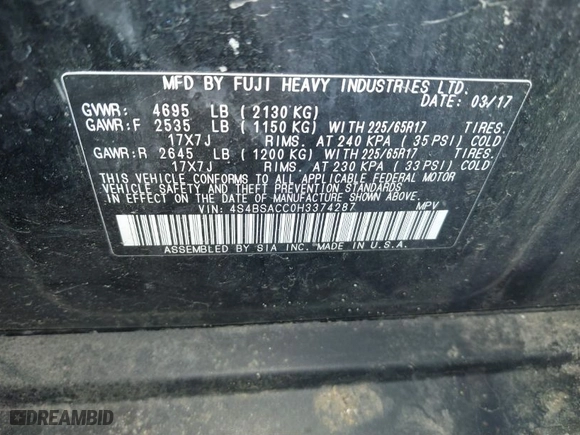 2017 Subaru Outback Premium with VIN 4S4BSACC0H3374287, listed as a IAAI auction lot 41678236 with 129,306 mi miles. Bid and sale history available at carsss.com. Image 9.
