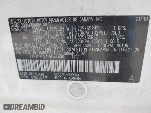 2011 Toyota RAV4 Ltd with VIN 2T3YF4DV1BW057806, listed as a IAAI auction lot 41237304 with 158,305 mi miles. Bid and sale history available at carsss.com. Image 9.