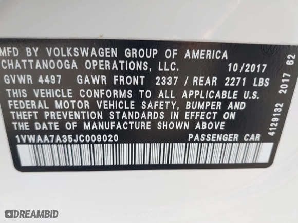 2018 Volkswagen Passat 2.0T S with VIN 1VWAA7A35JC009020, listed as a IAAI auction lot 41955626 with 99,900 mi miles. Bid and sale history available at carsss.com. Image 9.