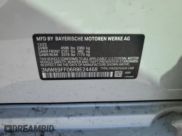 2024 BMW 3 Series 330i z VIN 3MW69FF06R8E24468, wystawiony jako Copart lot #48425065 z przebiegiem 11 875 mil mil oraz Szkoda całkowita • Salvage title. Historia ofert i sprzedaży dostępna na DreamBid. Obrazek 12.