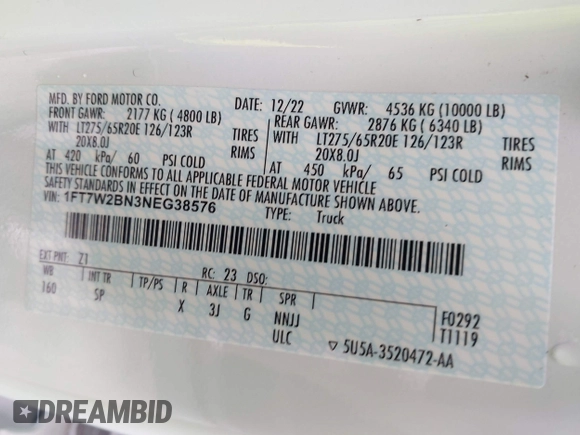 2022 Ford F-250 XL с VIN 1FT7W2BN3NEG38576, выставлен на аукционе IAAI как лот 42469267 с пробегом 27 027 миль миль и . История ставок и продаж доступна на DreamBid. Изображение 8.