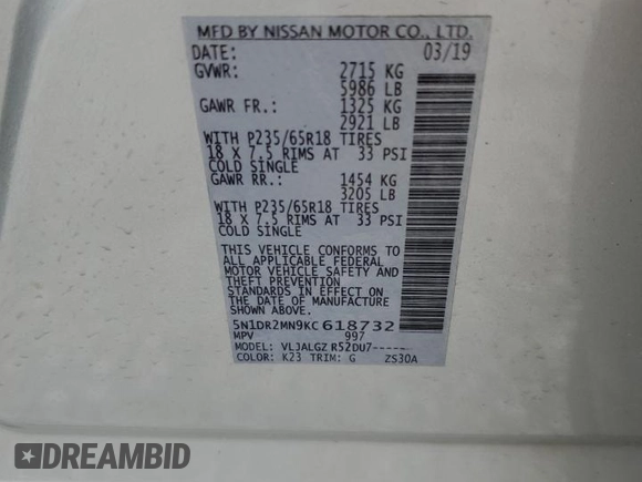 2019 Nissan Pathfinder SV with VIN 5N1DR2MN9KC618732, listed as a Copart auction lot 57251805 with 140,663 mi miles and Salvage title. Bid and sale history available at DreamBid. Image 13.