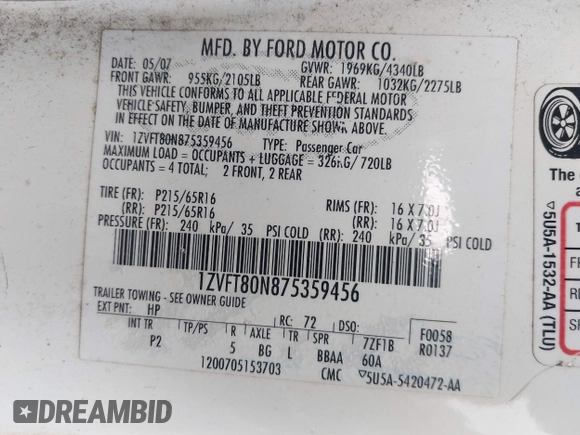 2007 Ford Mustang Deluxe with VIN 1ZVFT80N875359456, listed as a IAAI auction lot 42205108 with 75,588 mi miles and . Bid and sale history available at carsss.com. Image 9.