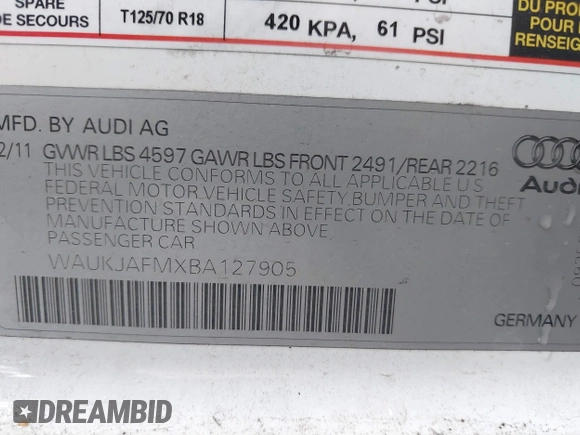 2011 Audi A3 2.0 TDI Premium Plus with VIN WAUKJAFMXBA127905, listed as a IAAI auction lot 41776090 with 263,015 mi miles. Bid and sale history available at carsss.com. Image 9.
