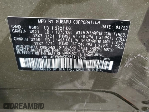 2023 Subaru Ascent Premium z VIN 4S4WMACDXP3439245, wystawiony jako Copart lot #46780594 z przebiegiem 5 130 mil mil oraz . Historia ofert i sprzedaży dostępna na DreamBid. Obrazek 13.