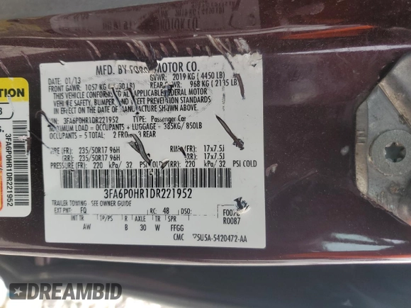 2013 Ford Fusion SE with VIN 3FA6P0HR1DR221952, listed as a Copart auction lot 51601035 with 179,747 mi miles and Clean title. Bid and sale history available at DreamBid. Image 12.