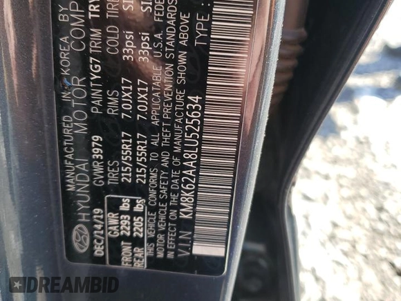 2020 Hyundai Kona SEL Plus with VIN KM8K62AA8LU525634, listed as a Copart auction lot 45044595 with 54,553 mi miles and Salvage Title. Bid and sale history available at carsss.com. Image 13.
