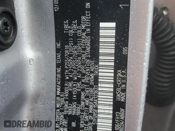 2010 Toyota Tundra with VIN 5TFUY5F15AX123633, listed as a Copart auction lot 57053995 with 85,716 mi miles and Salvage title. Bid and sale history available at DreamBid. Image 12.