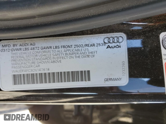 2012 Audi A6 Premium Plus with VIN WAUDFAFC3CN147618, listed as a Copart auction lot 57061605 with 164,310 mi miles and Clean title. Bid and sale history available at DreamBid. Image 12.