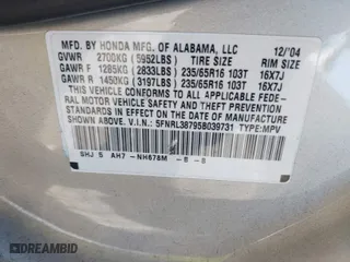 2005 Honda Odyssey EX-L with VIN 5FNRL38795B039731, listed as a IAAI auction lot 41844588 with 150,738 mi miles. Bid and sale history available at carsss.com. Image 9.