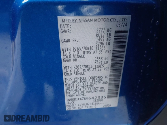 2024 Nissan Frontier Pro-4X with VIN 1N6ED1EK7RN642335, listed as a IAAI auction lot 41587972 with 3,076 mi miles and . Bid and sale history available at DreamBid. Image 9.