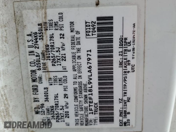1997 Ford F-150 with VIN 1FTEF18L9VLA67971, listed as a Copart auction lot 49060875 with 362,843 mi miles and Salvage title. Bid and sale history available at DreamBid. Image 12.