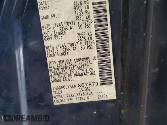 2020 Nissan NV Cargo S z VIN 1N6BF0LY5LN807871, wystawiony jako Copart lot #60689345 z przebiegiem 271 391 mil mil oraz Czysty tytuł • Clean title. Historia ofert i sprzedaży dostępna na DreamBid. Obrazek 13.
