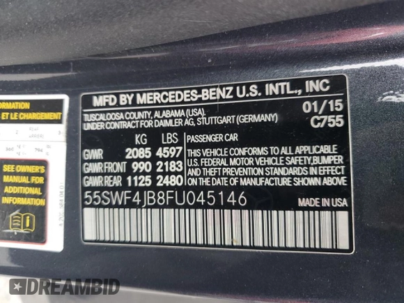 2015 Mercedes-Benz C 300 with VIN 55SWF4JB8FU045146, listed as a Copart auction lot 44591105 with 153,777 mi miles and Salvage Title. Bid and sale history available at carsss.com. Image 12.