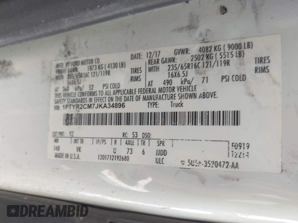 2018 Ford Transit with VIN 1FTYR2CM7JKA34896, listed as a IAAI auction lot 42005609 with 213,420 mi miles and . Bid and sale history available at DreamBid. Image 9.
