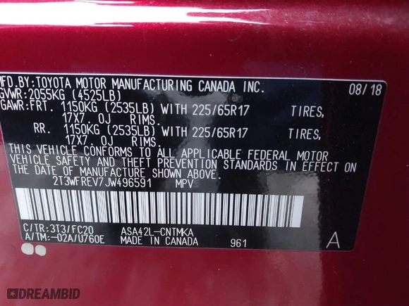 2018 Toyota RAV4 XLE with VIN 2T3WFREV7JW496591, listed as a IAAI auction lot 41752233 with 54,027 mi miles. Bid and sale history available at carsss.com. Image 9.