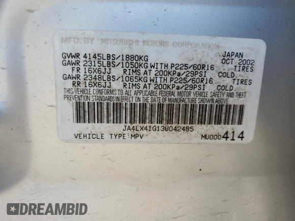 2003 Mitsubishi Outlander XLS with VIN JA4LX41G13U042485, listed as a Copart auction lot 48997135 with 282,028 mi miles and Salvage Title. Bid and sale history available at carsss.com. Image 12.