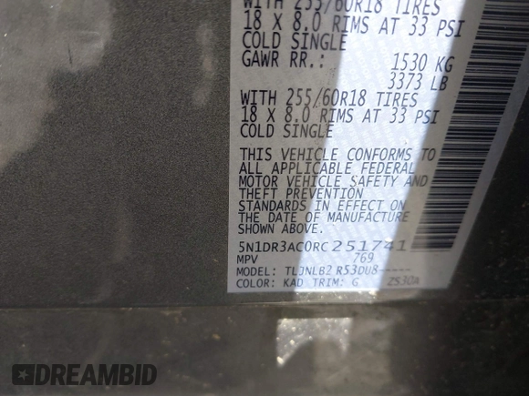 2024 Nissan Pathfinder S with VIN 5N1DR3AC0RC251741, listed as a IAAI auction lot 42292911 with 24,282 mi miles and . Bid and sale history available at DreamBid. Image 9.