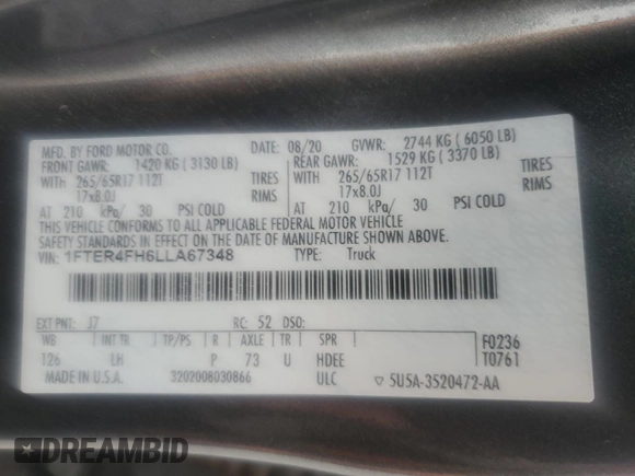 2020 Ford Ranger XL z VIN 1FTER4FH6LLA67348, wystawiony jako Copart lot #54106815 z przebiegiem 83 052 mil mil oraz Szkoda całkowita • Salvage title. Historia ofert i sprzedaży dostępna na DreamBid. Obrazek 12.