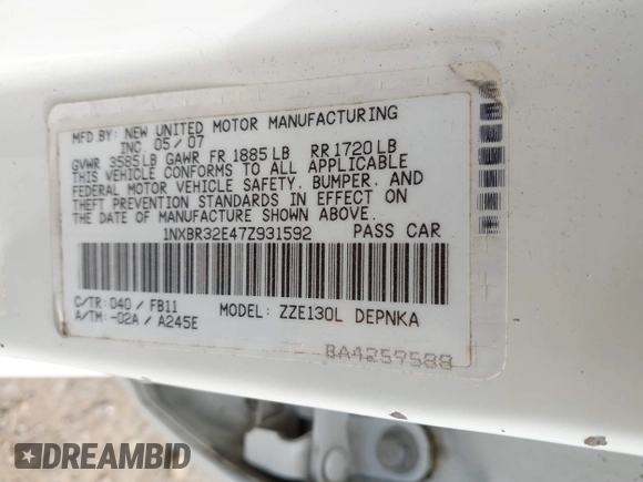 2007 Toyota Corolla CE with VIN 1NXBR32E47Z931592, listed as a IAAI auction lot 42064226 with 180,885 mi miles and . Bid and sale history available at DreamBid. Image 9.