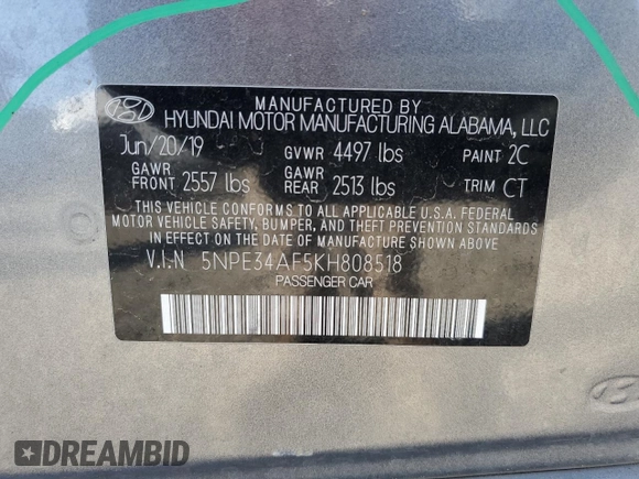 2019 Hyundai Sonata SEL with VIN 5NPE34AF5KH808518, listed as a Copart auction lot 53586045 with 91,307 mi miles and Salvage Title. Bid and sale history available at DreamBid. Image 12.
