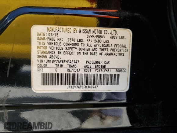 2015 Infiniti Q50 with VIN JN1BV7AP6FM349747, listed as a Copart auction lot 65723545 with 108,795 mi miles and Salvage title. Bid and sale history available at DreamBid. Image 12.