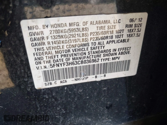 2012 Honda Pilot EX-L with VIN 5FNYF3H63CB036962, listed as a IAAI auction lot 41316371 with 225,394 mi miles and . Bid and sale history available at DreamBid. Image 9.