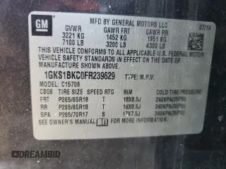 2015 GMC Yukon SLT with VIN 1GKS1BKC0FR239629, listed as a Copart auction lot 42247555 with 171,641 mi miles and Salvage Title. Bid and sale history available at carsss.com. Image 13.