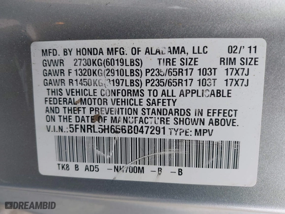 2011 Honda Odyssey EX-L with VIN 5FNRL5H65BB047291, listed as a IAAI auction lot 42094374 with 200,372 mi miles. Bid and sale history available at carsss.com. Image 9.