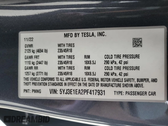 2023 Tesla Model 3 with VIN 5YJ3E1EA2PF417931, listed as a Copart auction lot 78886514 with 12,441 mi miles and Salvage Title. Bid and sale history available at DreamBid. Image 12.