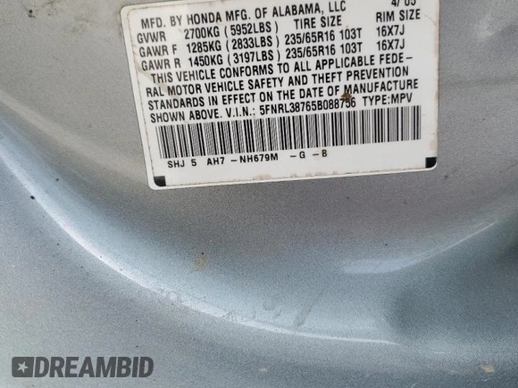 2005 Honda Odyssey EX-L with VIN 5FNRL38765B088756, listed as a Copart auction lot 57071365 with 243,277 mi miles and Salvage title. Bid and sale history available at DreamBid. Image 12.
