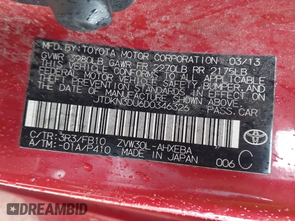 2013 Toyota Prius One with VIN JTDKN3DU6D0346326, listed as a IAAI auction lot 41206502 with 169,544 mi miles and . Bid and sale history available at DreamBid. Image 9.