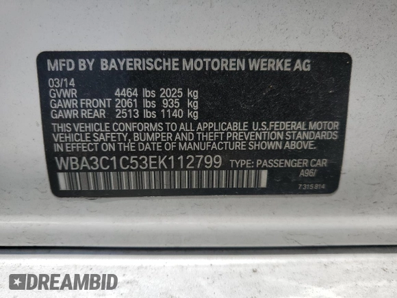 2014 BMW 3 Series 328i with VIN WBA3C1C53EK112799, listed as a Copart auction lot 61493585 with Not provided miles and Salvage title. Bid and sale history available at DreamBid. Image 12.