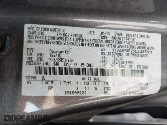 2013 Ford Focus SE with VIN 1FADP3F25DL337961, listed as a IAAI auction lot 42410460 with 143,446 mi miles and . Bid and sale history available at DreamBid. Image 9.