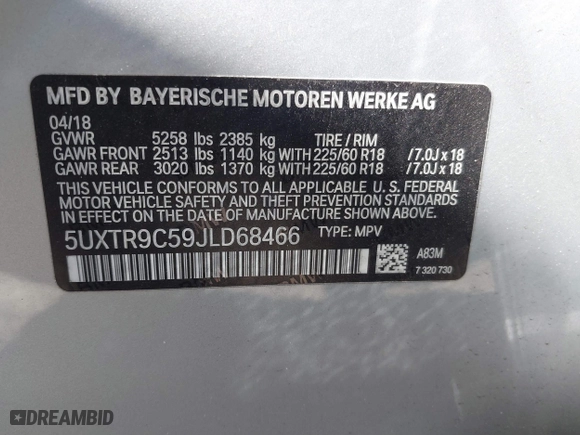 2018 BMW X3 xDrive30i with VIN 5UXTR9C59JLD68466, listed as a IAAI auction lot 41860546 with 49,192 mi miles. Bid and sale history available at carsss.com. Image 9.