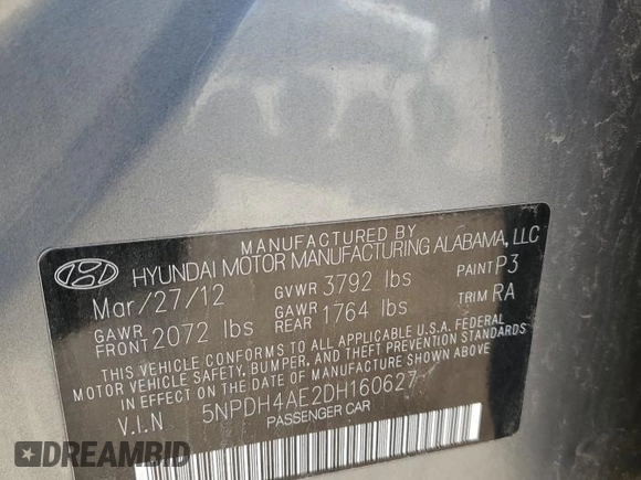 2013 Hyundai Elantra Limited z VIN 5NPDH4AE2DH160627, wystawiony jako Copart lot #52941655 z przebiegiem 133 048 mil mil oraz Nie do naprawy • Non repairable. Historia ofert i sprzedaży dostępna na DreamBid. Obrazek 12.