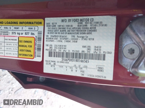2019 Ford Fusion SE with VIN 3FA6P0HD1KR166565, listed as a IAAI auction lot 41961294 with 99,355 mi miles. Bid and sale history available at carsss.com. Image 9.