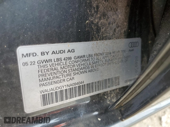 2022 Audi A3 Premium with VIN WAUAUDGY1NA094044, listed as a Copart auction lot 54459703 with 1,465 mi miles. Bid and sale history available at carsss.com. Image 12.