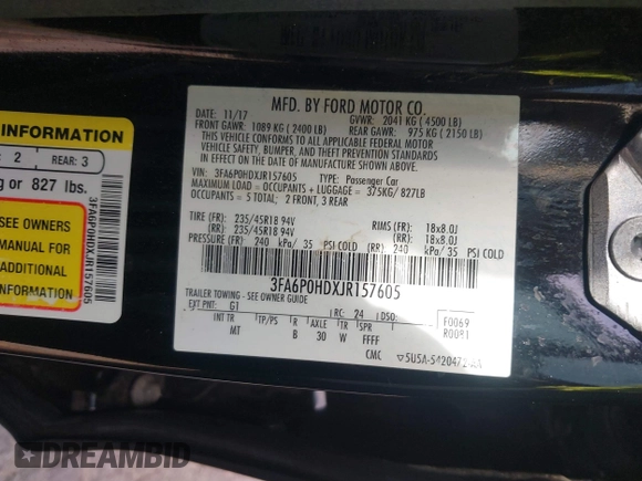2018 Ford Fusion SE with VIN 3FA6P0HDXJR157605, listed as a IAAI auction lot 40979897 with 128,322 mi miles. Bid and sale history available at carsss.com. Image 9.