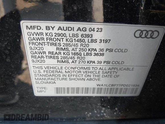 2023 Audi Q7 Premium Plus with VIN WA1LCBF77PD021834, listed as a IAAI auction lot 41621647 with 17,520 mi miles and . Bid and sale history available at DreamBid. Image 9.