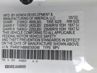 2022 Honda CR-V EX-L with VIN 7FARW1H88NE008348, listed as a IAAI auction lot 41762597 with 22,935 mi miles and . Bid and sale history available at carsss.com. Image 9.