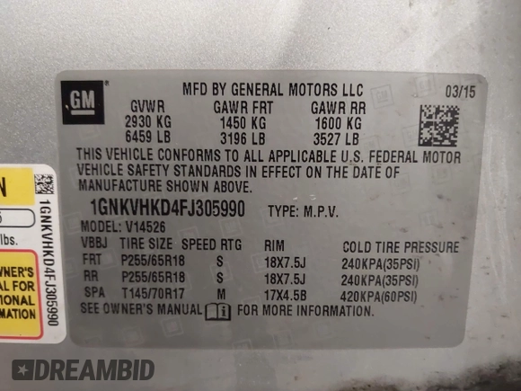 2015 Chevrolet Traverse LT with VIN 1GNKVHKD4FJ305990, listed as a IAAI auction lot 41441938 with 203,877 mi miles and . Bid and sale history available at DreamBid. Image 9.