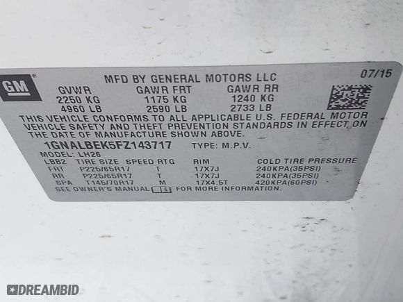 2015 Chevrolet Equinox LT with VIN 1GNALBEK5FZ143717, listed as a IAAI auction lot 41845498 with 207,992 mi miles. Bid and sale history available at carsss.com. Image 9.