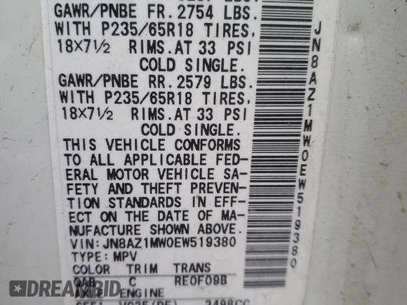 2014 Nissan Murano LE with VIN JN8AZ1MW0EW519380, listed as a Copart auction lot 85712874 with 152,784 mi miles and Salvage Title. Bid and sale history available at carsss.com. Image 16.