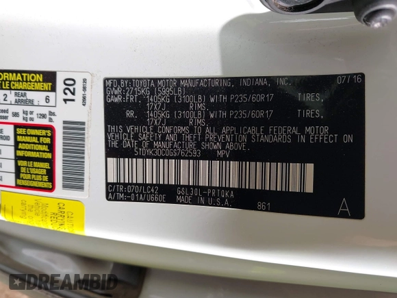 2016 Toyota Sienna XLE с VIN 5TDYK3DC0GS762593, выставлен на аукционе IAAI как лот 41769173 с пробегом 71 869 миль миль и . История ставок и продаж доступна на DreamBid. Изображение 9.