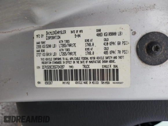 2005 Dodge 2500 SLT z VIN 3D7KS28C35G724397, wystawiony jako Copart lot #47537005 z przebiegiem 255 325 mil mil oraz Szkoda całkowita • Salvage title. Historia ofert i sprzedaży dostępna na DreamBid. Obrazek 12.