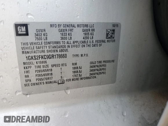 2016 GMC Yukon XL SLE with VIN 1GKS2FKC9GR178660, listed as a Copart auction lot 79937084 with 209,807 mi miles and Salvage Title. Bid and sale history available at DreamBid. Image 15.