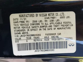 2022 Infiniti Q60 Luxe with VIN JN1EV7KK2NM600262, listed as a IAAI auction lot 41637351 with 22,754 mi miles and . Bid and sale history available at carsss.com. Image 9.